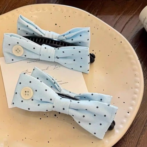 Sky Blue Polka Dot Button Banana Clip, Stylish Girly Hairpin for the Back of the Head, Ponytail Hair Accessory