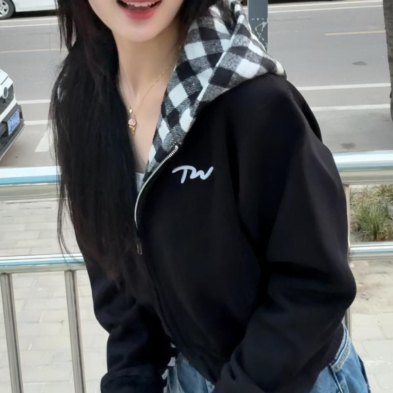 美式复古黑白格子拼接连帽卫衣女秋冬新款宽松慵懒风开衫短款外套|undefined