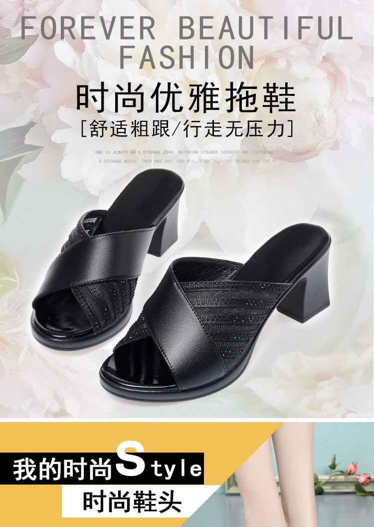 Sandal cao gót nữ đính đá quai ngang mũi hở, gót vuông 9 cm — màu đen chi tiết 1