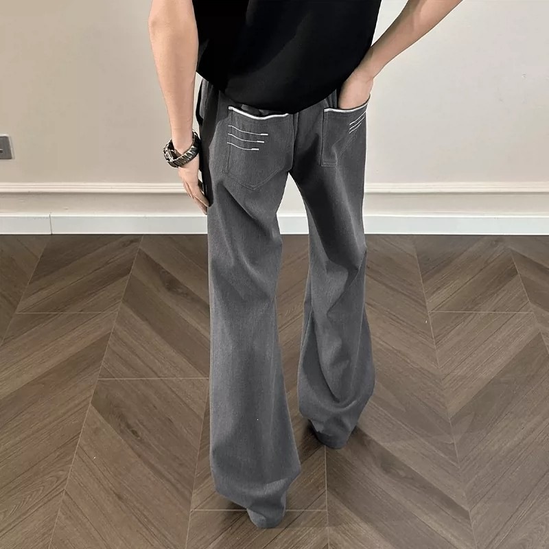 青春百搭灰色垂坠美式裤子直筒休闲裤款高街刺绣感西裤男微喇四线
