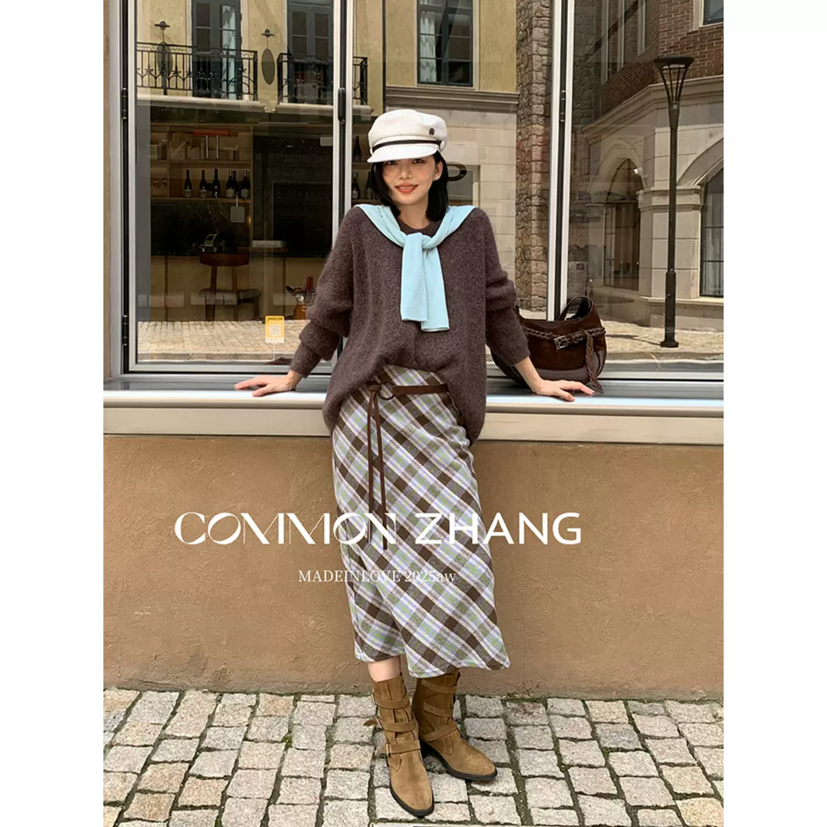 CZ ZHANG美拉德格子印花高腰直筒半身裙女包臀一步休闲长裙B32875