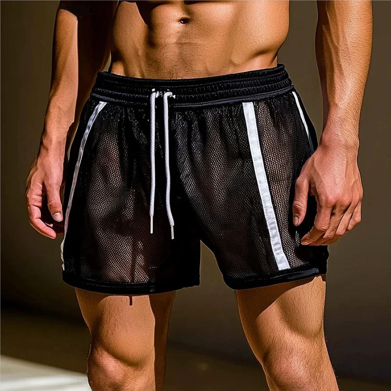 Cross-Border Amazon Summer Thin European and American Men's Mesh Sexy See-Through Shorts Contrasting Striped Sports Casual Pants