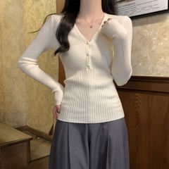 春秋季内搭针织长袖毛衣美式高级感收腰显瘦V领长袖针织打底衫女