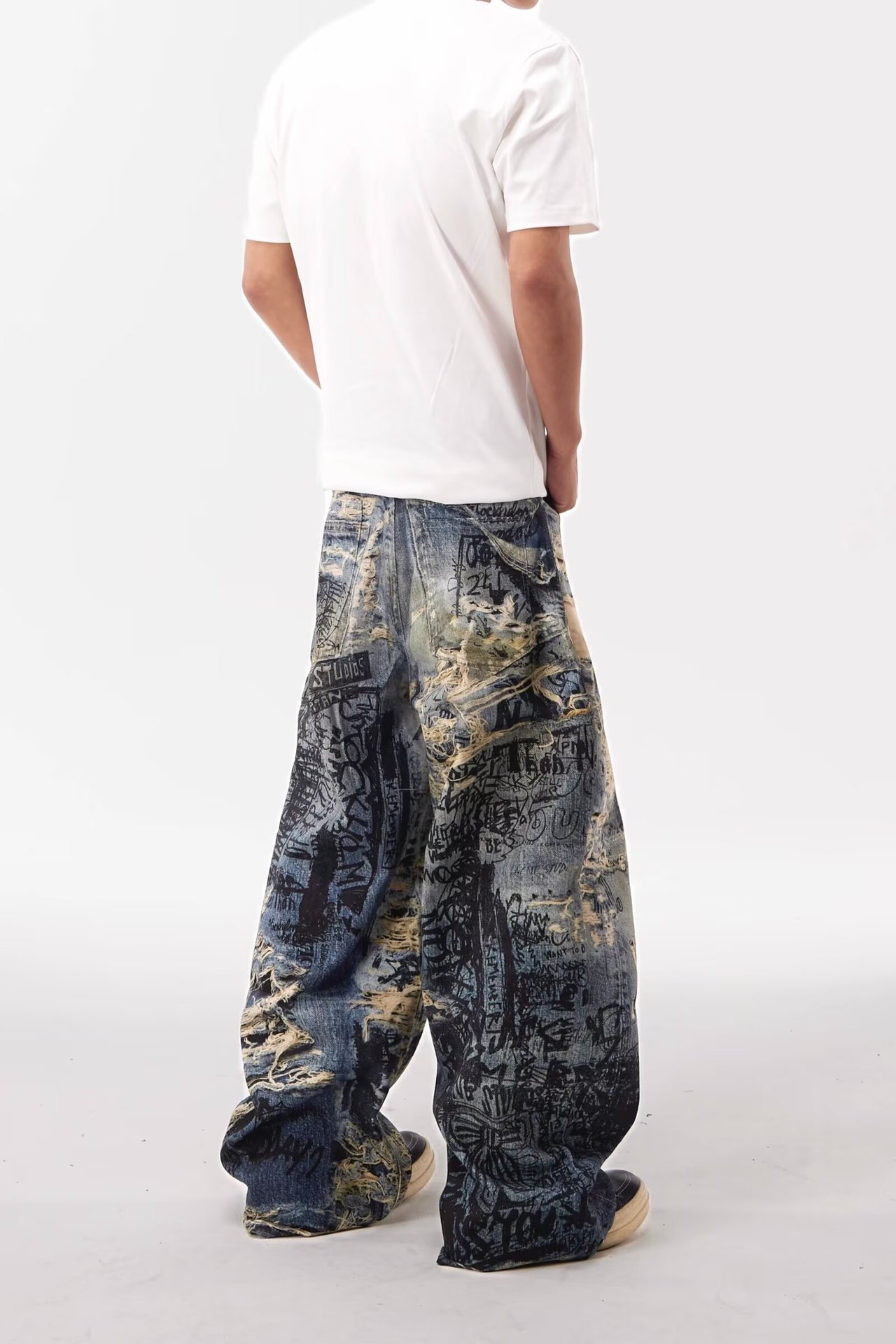 Herren Graffiti Destroyed Jeans Gerade Lockerer Streetstyle_voghion.com