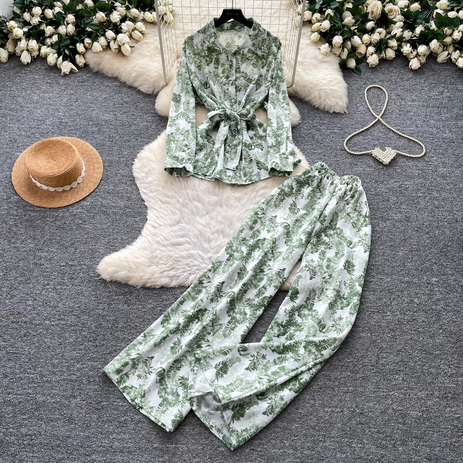 Women's Sophisticated Elegant Two Piece Set Autumn Tie up V Neck Top High Waisted Wide Leg Pants Slimming Stylish Look_ecoleips.com