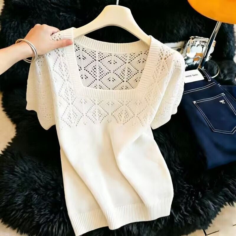 Plus-Size Retro Chic Stylish Square-Neck Short-Sleeve Knit Top for Women, New Summer Style, Super Attractive Hollow-Out Slimming Top Plus-Size Retro Chic Stylish Square-Neck Short-Sleeve Knit Top for Women, New Summer Style, Super Attractive Hollow-Out Slimming Top