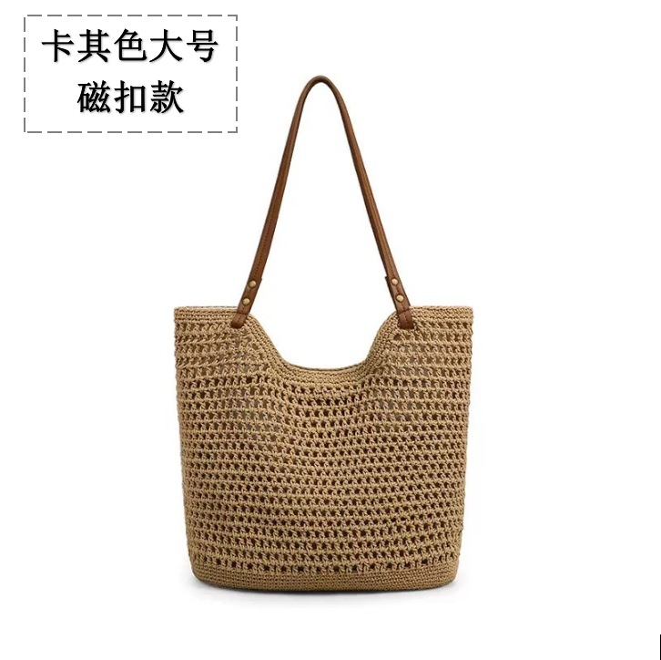 Luxury Hand-Woven Women's Large Capacity Shoulder Bag, Cotton Straw Tote For Vacation And Beach - Thumbnail 7