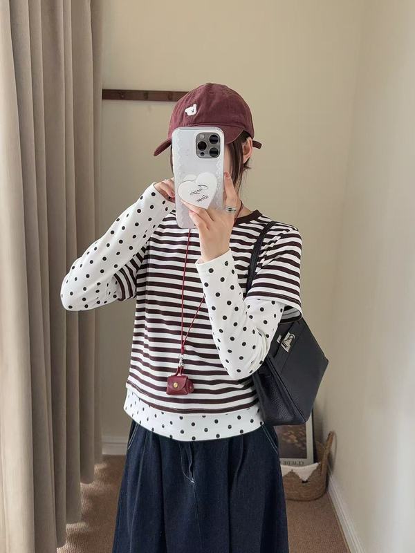杨超越同款波点条纹拼接假两件T恤女秋新款韩版显瘦百搭长袖上衣|undefined