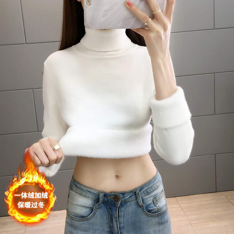 ベルベットの厚い一体ベルベットの高襟セーターの女性2022秋冬の襟の長袖ニットのシャツの外に純色を着ています|undefined