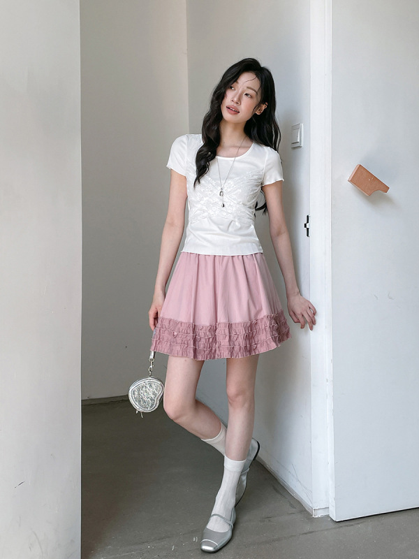 【シーウィンドレースTシャツ】Geming韓国レースレースアップTシャツ夏新作半袖トップスD2924F|undefined