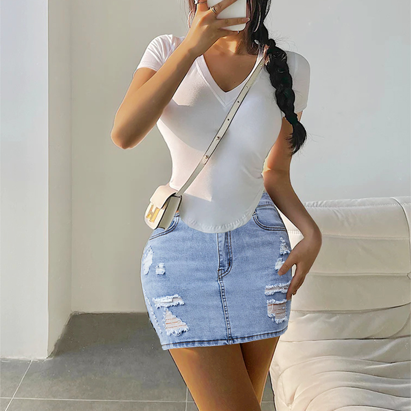 high waist ripped slim denim skirt NSWL138242