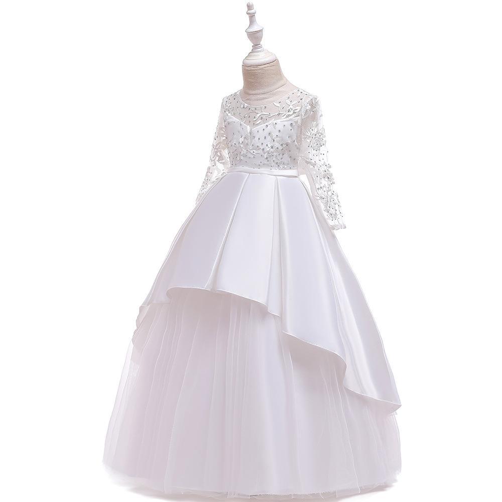 Vestido largo para niños ins vestido de princesa bordado de malla nuevo vestido de novia de manga larga para niñas fregona larga