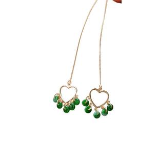 Amazon Source Versatile Women's Natural Jade Spicy Green Ear Thread 14K Gold-Plated Heart-Shaped Light Luxury Earrings with a High-End Feel