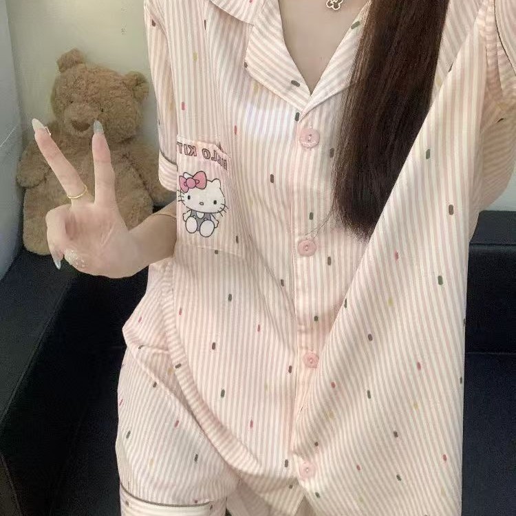 工場卸売ピンクストライプ子猫 2025 新しい人気の半袖ショーツツーピースホーム服セット|undefined