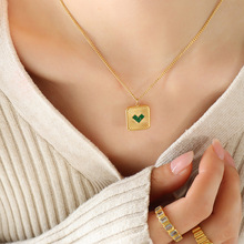 欧美复古个性气质方牌心形爱心锆石绿玻璃石耳环项链首饰套装饰品
