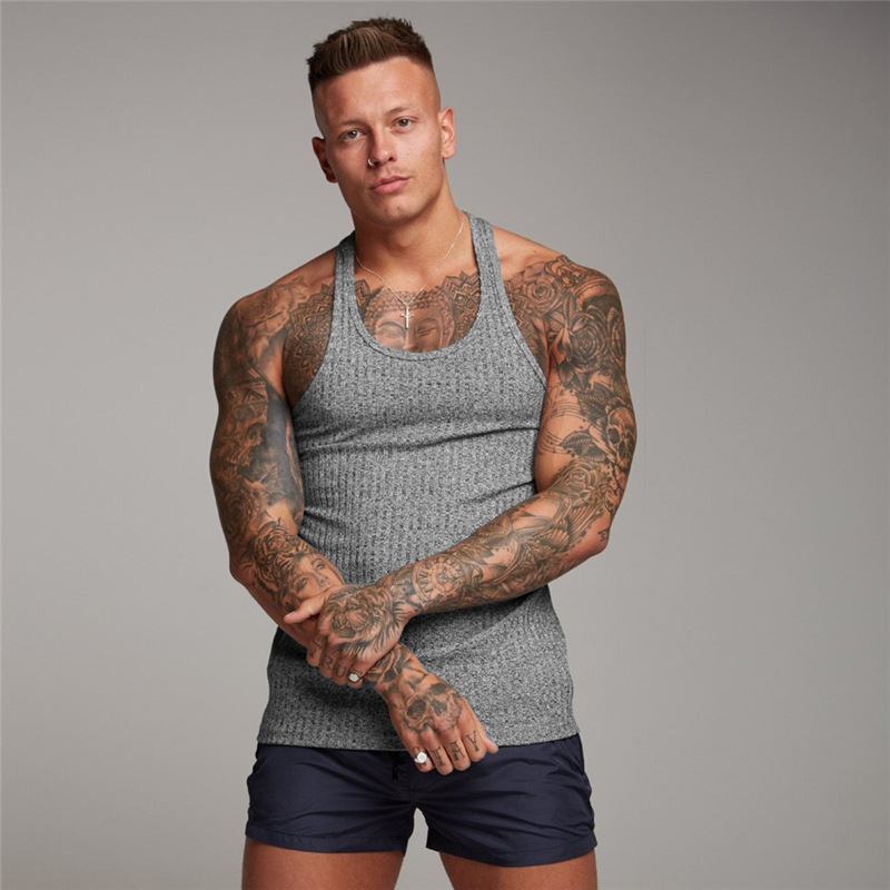 Verano de punto chaleco fitness hombres en forma de I espalda delgada rayas verticales moda ropa deportiva entrenamiento transpirable camiseta sin mangas