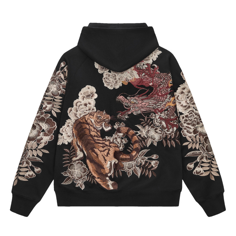 Huaxia Junpin Chinese Style Embroidered Dragon and Tiger Design Embroidered Hooded Zip-Up Sweatshirt Streetwear Jacket W025