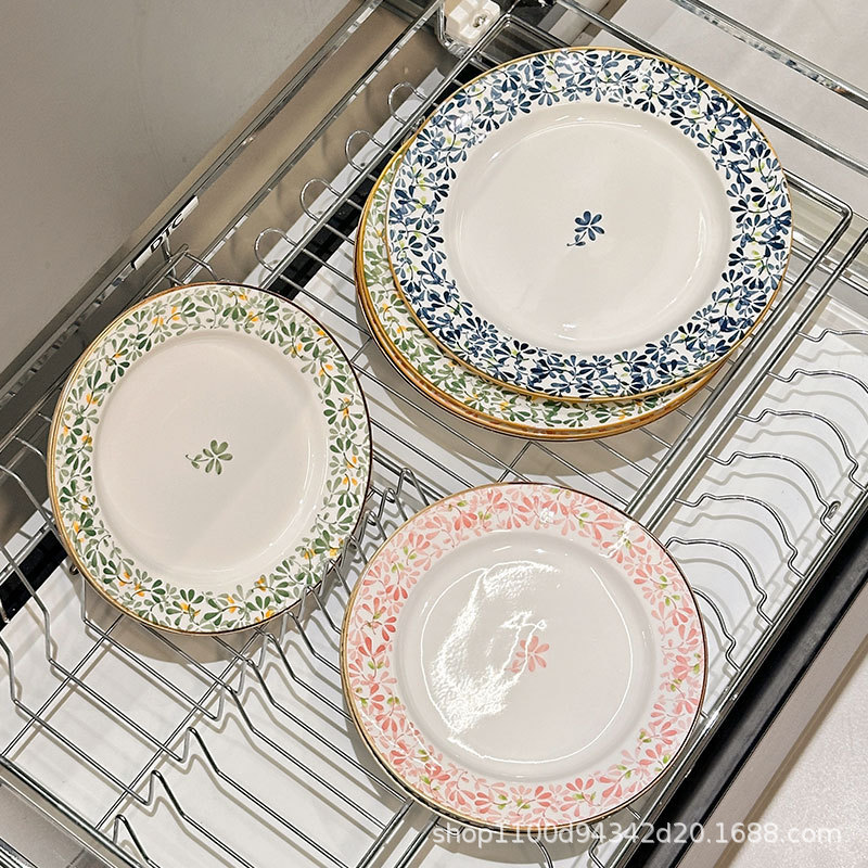Ceramic Four-Season Floral Steak Dinner Plate, Western-Style Plate, Household Dish Plate, High-End and Beautiful Flat Plate, Shallow Plate