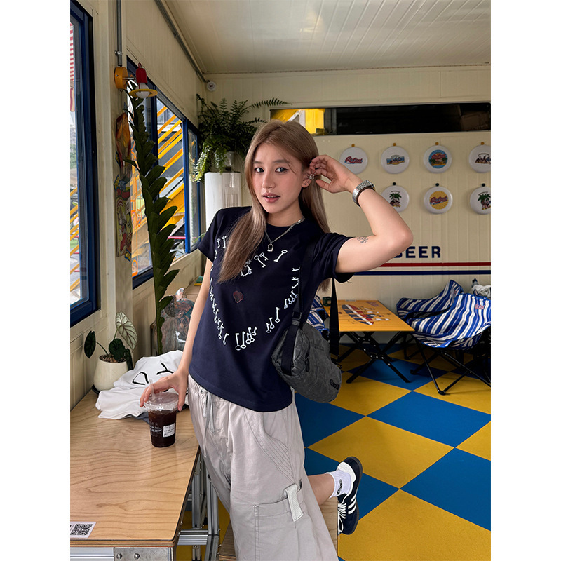 川川也 美式原创复古正肩短款不露脐短袖T恤女街头宽松夏季上衣潮|undefined