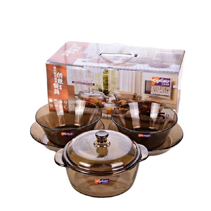 Aglaiya Kangfu Series Thickeneded Color Glass Lidded Salad Bowl Brown European Tableware Gift Box Set