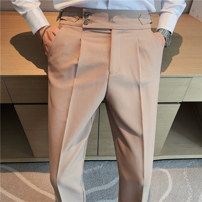 Pantalones de traje de los hombres naples italianos pantalones de cintura alta pantalones de los hombres de otoño e invierno teñido de hilo oscuro a rayas de calidad pantalones casuales