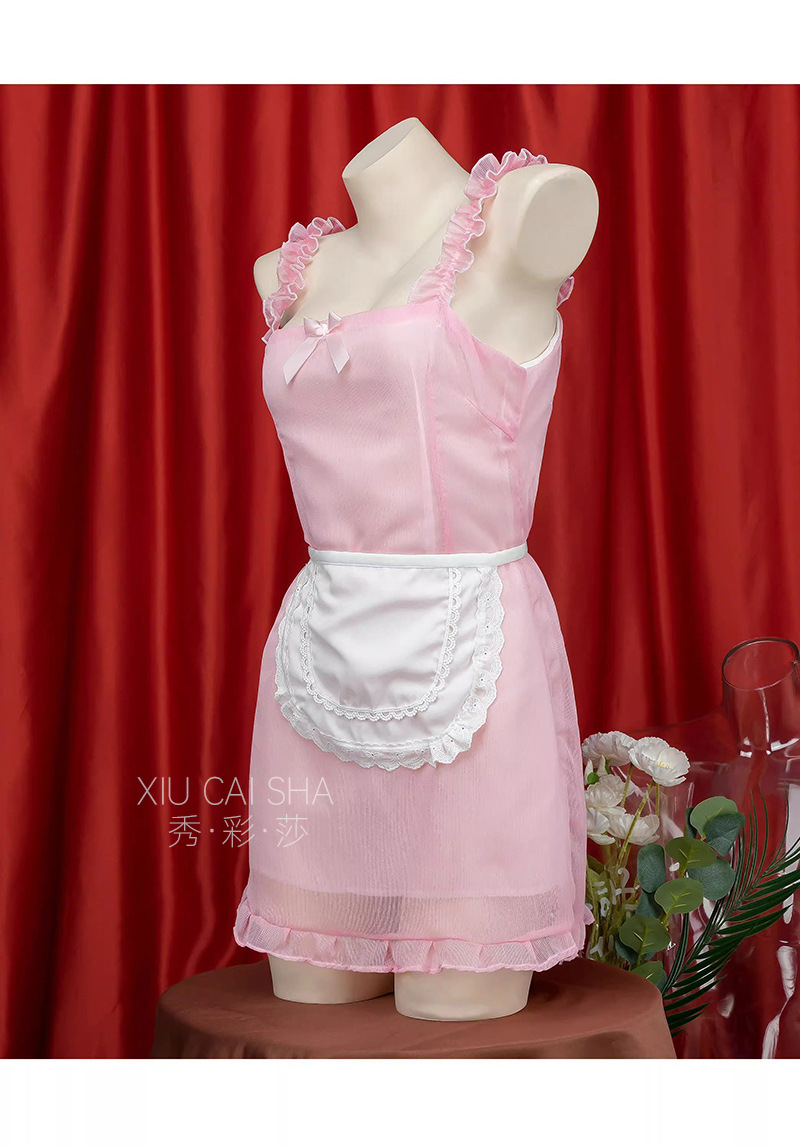 Maid Role-Play Lingerie Set with Deep V-Neck See-Through Camisole Dress, Apron, Panties and Bow Stockings — detail image 28