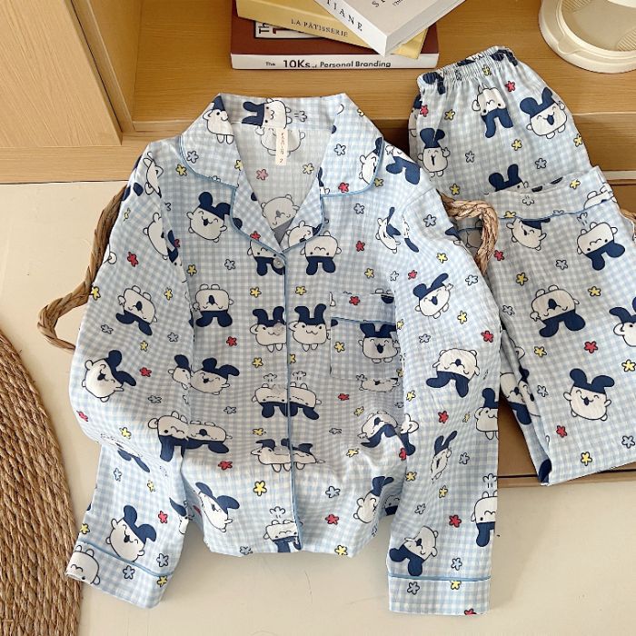Pijamas de algodón nubes al por mayor transfronterizos pantalones de mangas largas de dibujos animados lindos cardigans con solapa otoño nueva explosión ropa para el hogar