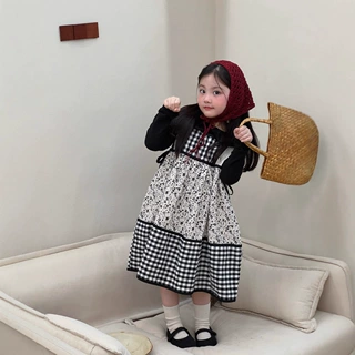 童连衣裙2025秋季新款女童韩版碎花格子拼接背带裙女宝花边背心裙