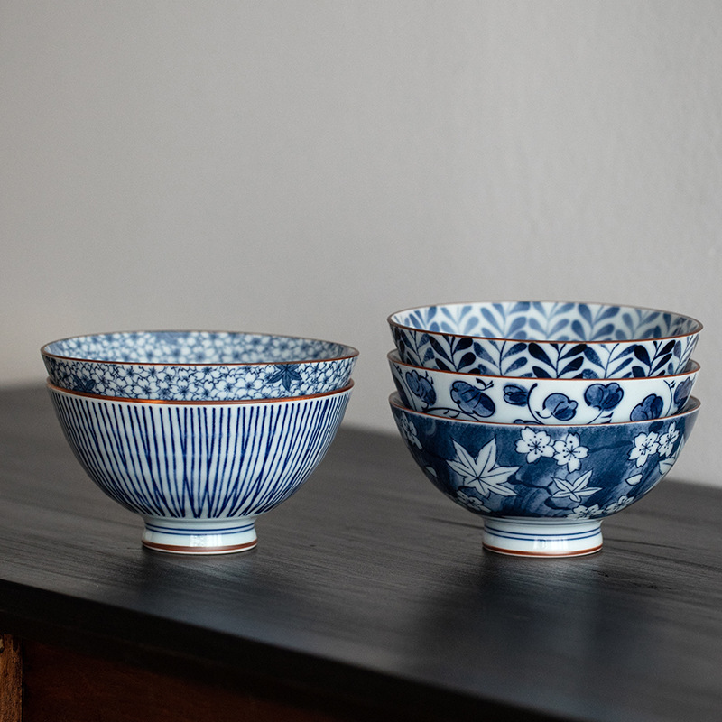 Japanese Imported Ancient Dyed Blue Rice Bowl Set Household Mino Ware Wholesale Japanese Style Tableware