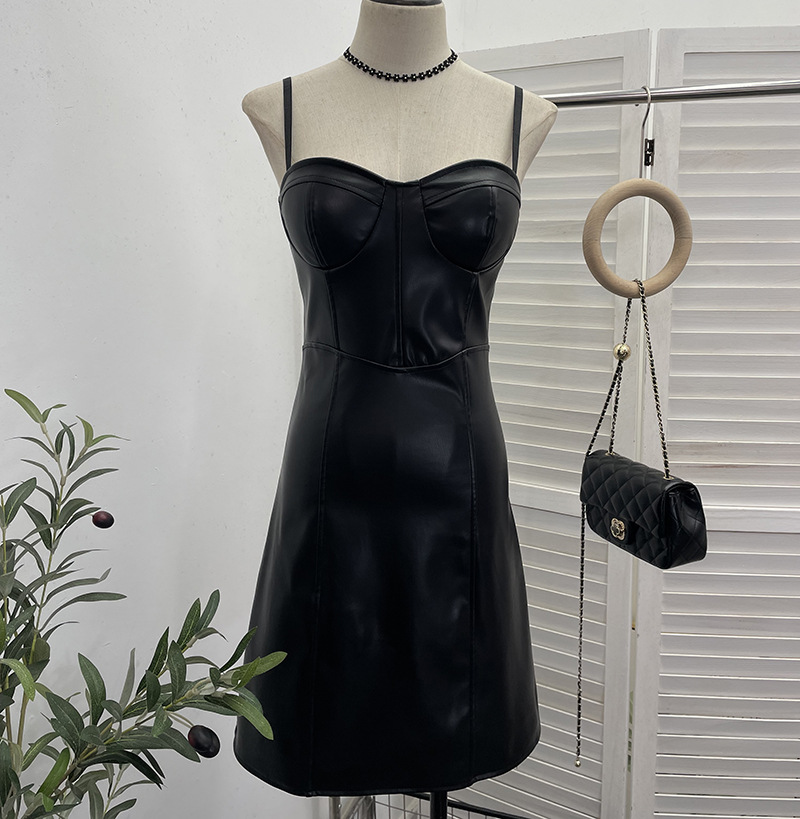 Real Shot Sexy Sling Sheath A line Faux Leather Waist Slimming Short Chest Pad Dress