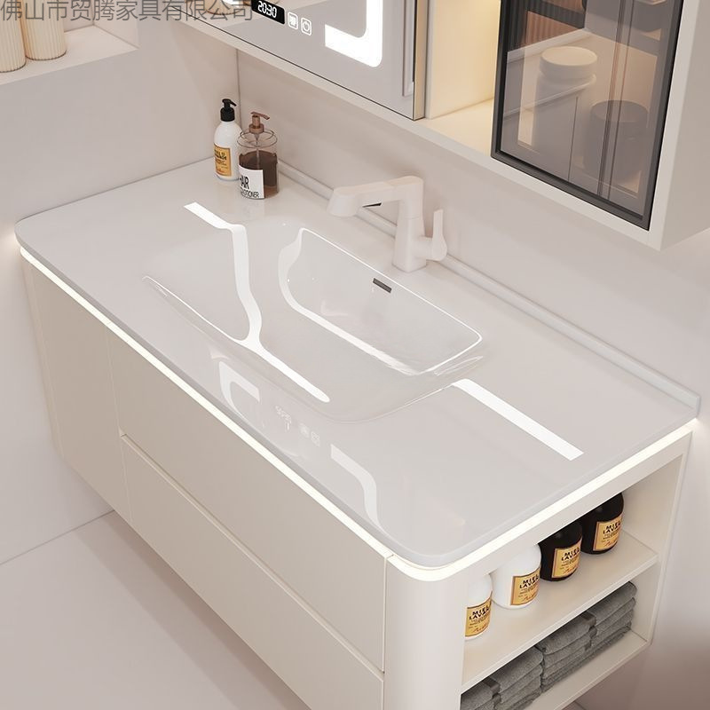 Simple Cream-Colored Ceramic Integrated Washbasin Modern Bathroom Smart Solid Wood Bathroom Cabinet Washbasin Set