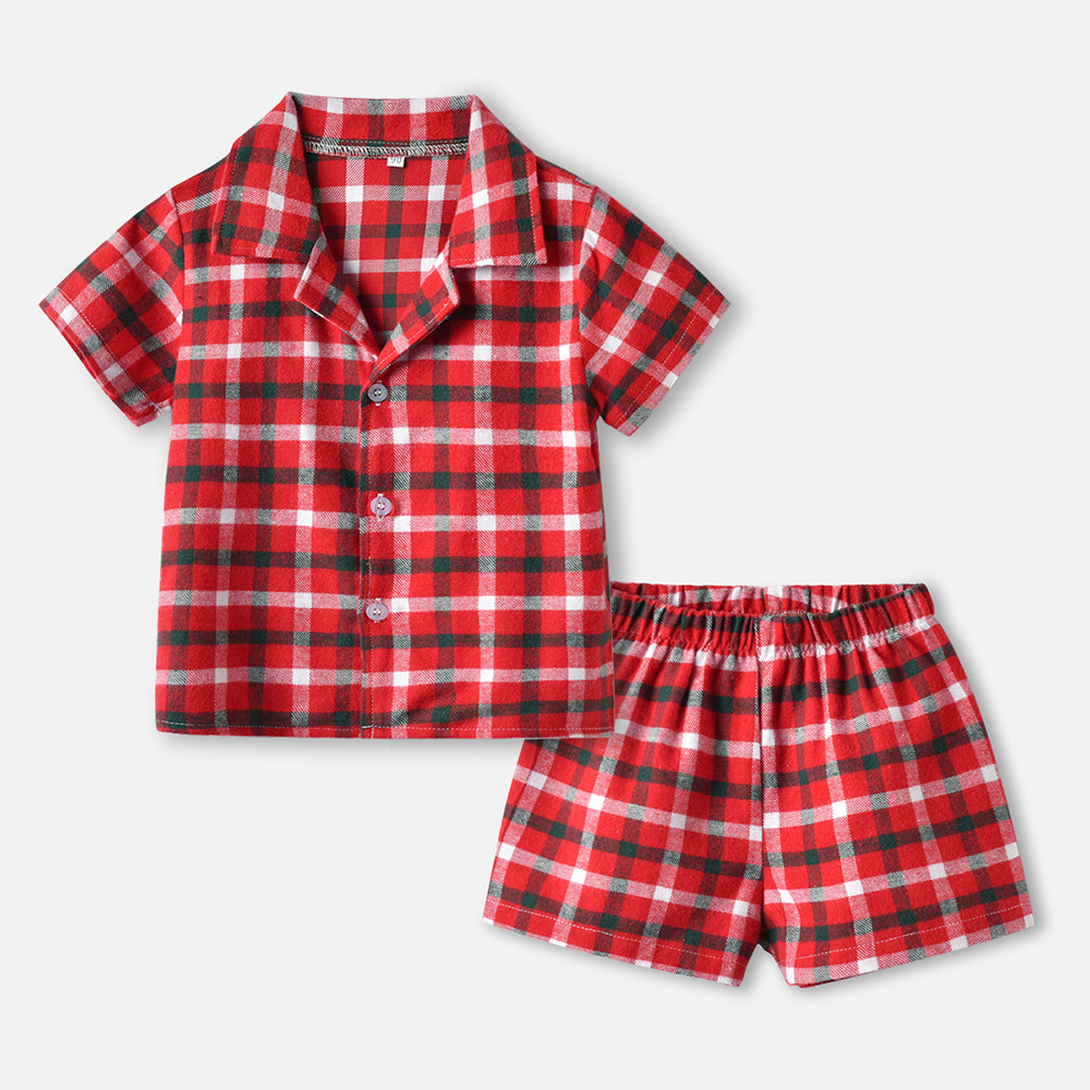 Nuevo producto traje de pijama 204 camisa de doble velo a cuadros de manga corta de verano pantalones cortos casuales ropa de hogar para niños niños