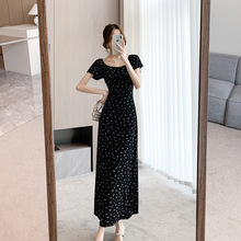 跨境货源2024年夏季新款韩版时尚短袖收腰显瘦开叉黑色碎花连衣裙