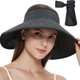 欧美女式空顶遮阳草帽宽檐可折叠沙滩帽扎马尾可调节软帽夏季百搭