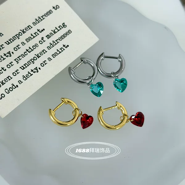 New Paraiba Red Heart-Shaped Zircon Pendant Straight Pin Earrings Fashion Versatile Basic High-End Earrings