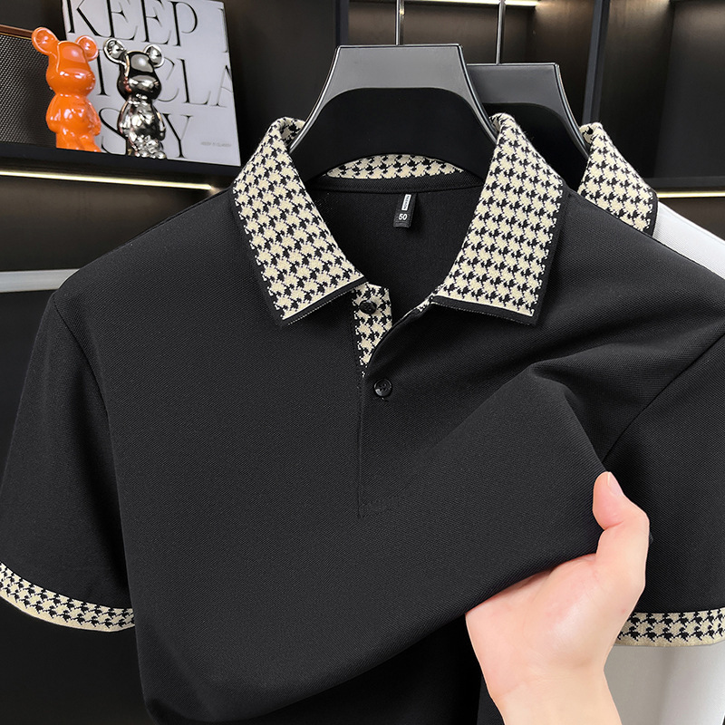 Summer Plaid Color-Blocked Collar Short-Sleeved Polo Shirt for Men, Comfortable and Breathable, Versatile Half-Sleeved Casual Fashion T-Shirt for Men
