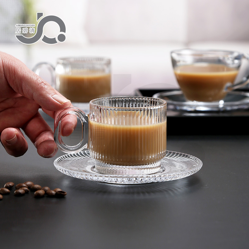 Taza de café de vidrio de alta franja vertical creativa con mango de aislamiento térmico, taza de café transparente simple y exquisita