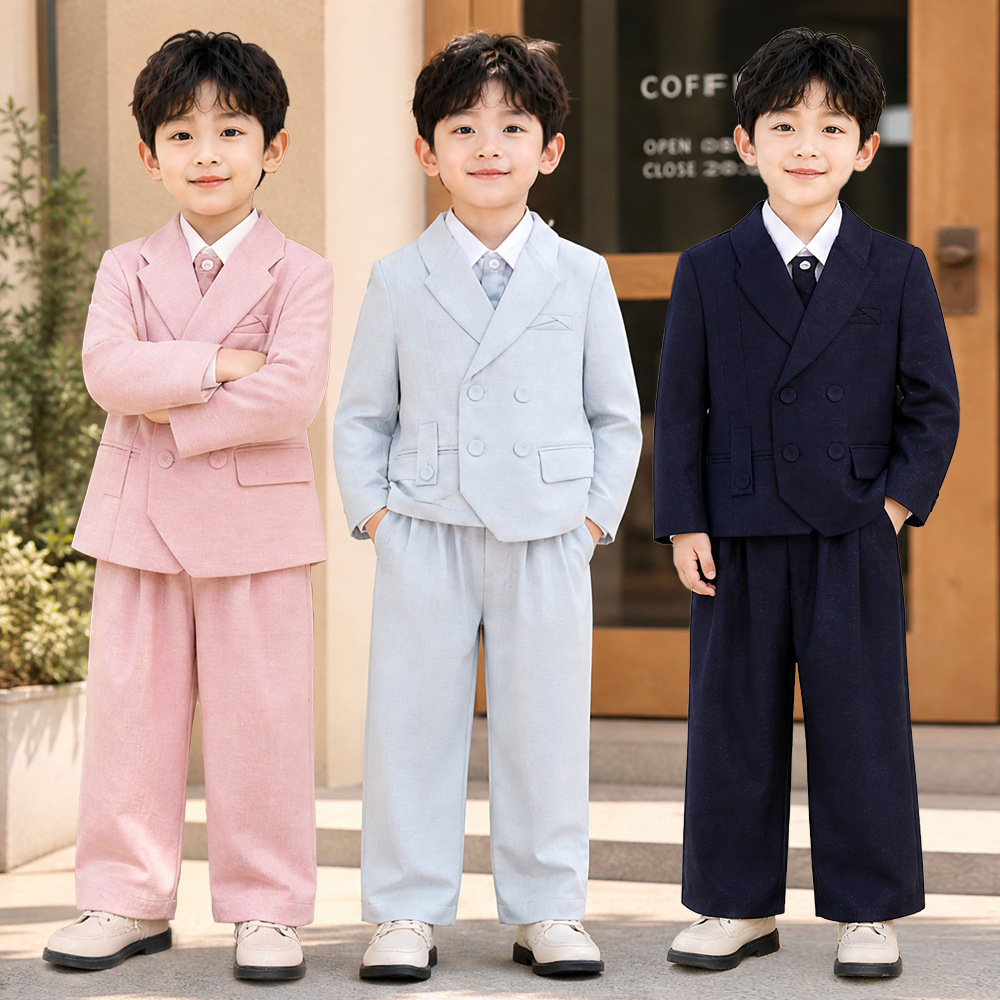 Boys' Suit Set for Spring and Autumn, British Style Flower Boy Formal Wear, Children's Performance Outfit, Double-Breasted Gentleman's Suit for One-Year-Olds