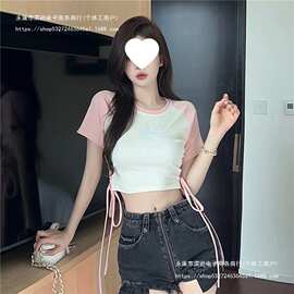 晨领【实拍】纯欲风辣妹绑带短袖恤夏季修身显瘦性感露脐短款上衣