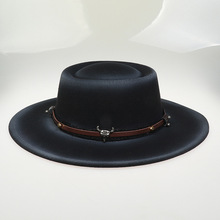 新款毛呢礼帽金属牛头标平顶绅士帽凹凸顶翘沿英伦爵士小礼帽毡帽