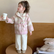 洋气格子加绒连帽牛角扣大衣冬装2025新款儿童时尚女宝宝韩版外套