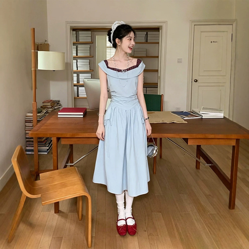 Cheese Day【Clear Sky】Cool and Artistic Vibe, Color-Blocking Neckline Long Dress, Summer Asymmetrical Waist Dress Cheese Day【Clear Sky】Cool and Artistic Vibe, Color-Blocking Neckline Long Dress, Summer Asymmetrical Waist Dress