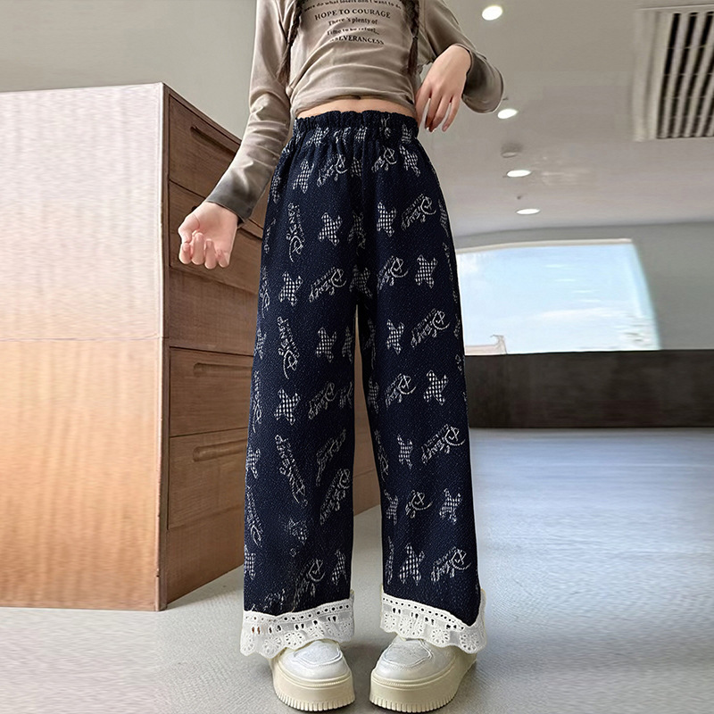 秋上新女童新防牛仔韩版长裤直筒裤女孩中童阔腿裤洋气裤子松紧腰|undefined