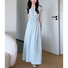 法式蓝色小个子气质女士短袖上衣巨好看夏装一整套半身裙两件套装