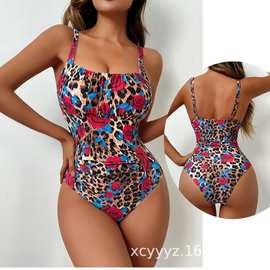 2025欧美连身跨境泳装豹纹性感bikini吊带连体显瘦辣妹泳衣女士
