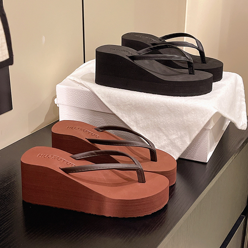 Women's summer non-slip flip-flops for students, simple beach sandals, Korean-style wedge-heeled thick-soled flip-flops