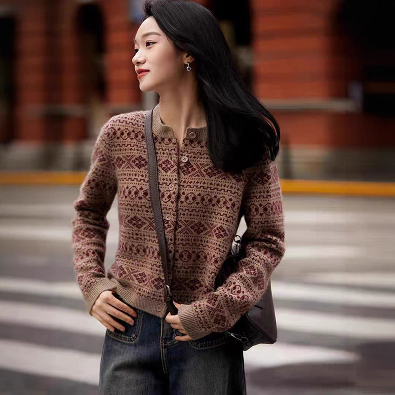 Retro Atmosphere Northern European Island Jacquard Full Wool Knitted Cardigan Autumn and Winter New Sweater Coat
