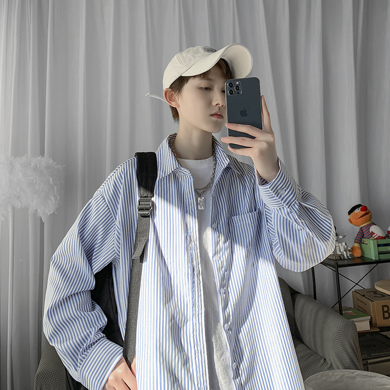 2023 nueva camisa a rayas japonesa camisa de manga larga para hombre estilo Hong Kong estilo coreano para hombre moda Otoño chaqueta casual amor