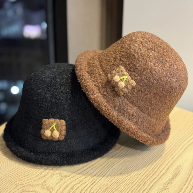 新款秋冬羊羔绒盆帽女生日系可爱樱桃渔夫帽洋气小帽檐素颜水桶帽|undefined