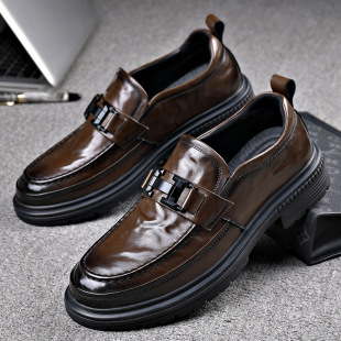 New business gentleman shoes lightweight thick bottom all-match slip-on shoes fashion pattern buckle leather shoes genuine leather soft men's shoes